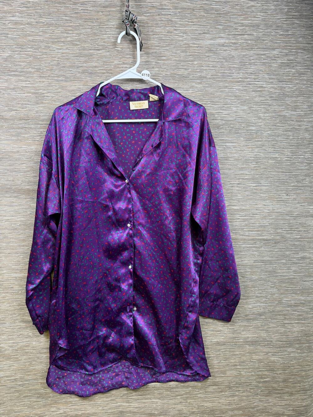 Victoria's Secret Blouse Womens M/L Purple Geometric Satin Vintage Tunic Top